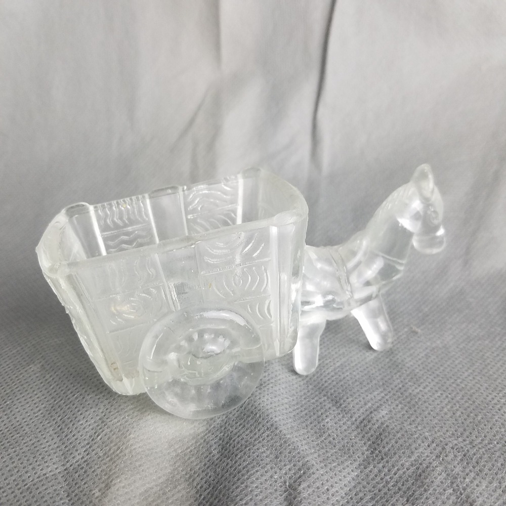 Vintage Clear Glass Donkey Cart Miniature Animal horse 4.75x2 planter candy dish